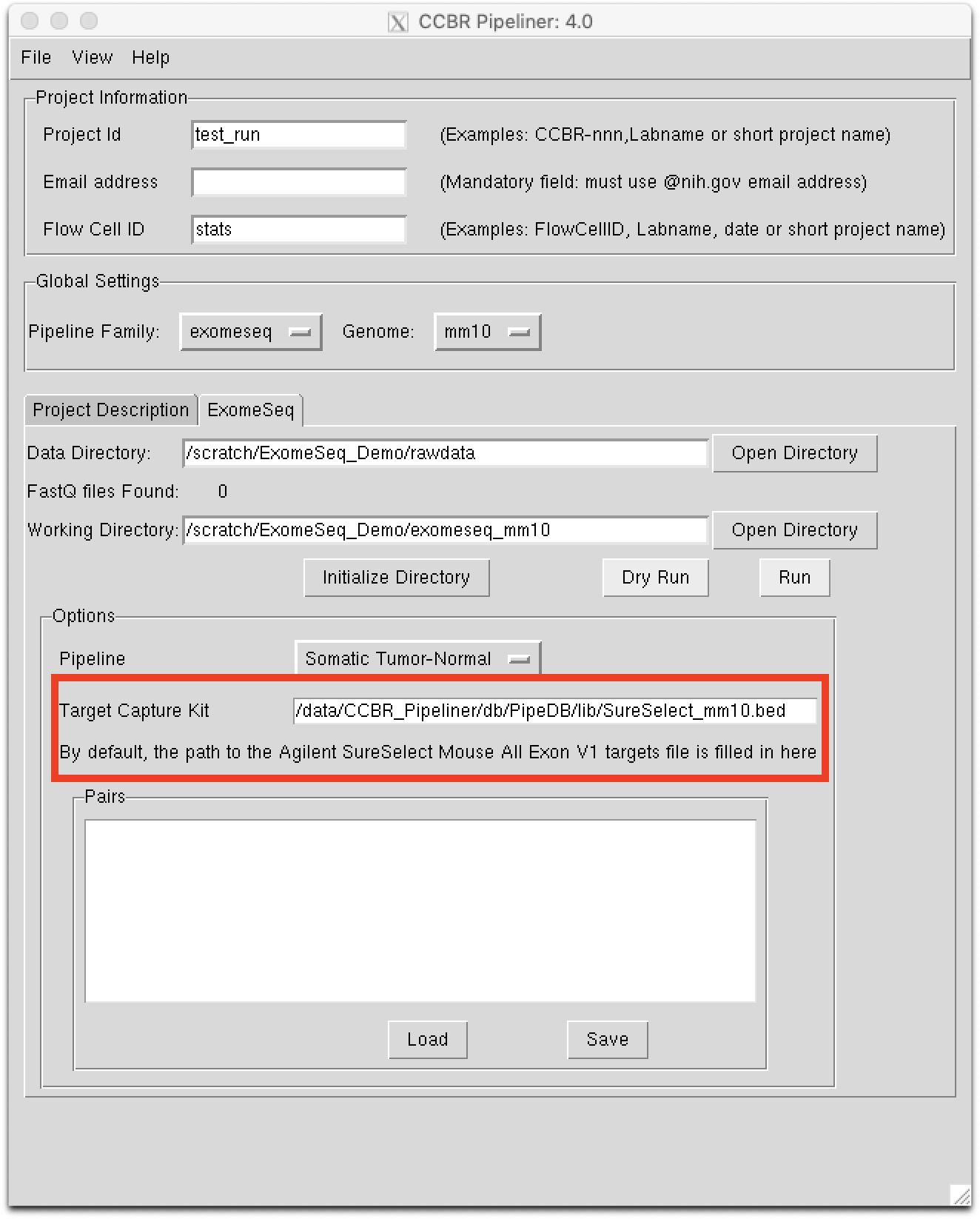 Provide the path to the exome targets bed file in the highlighted area